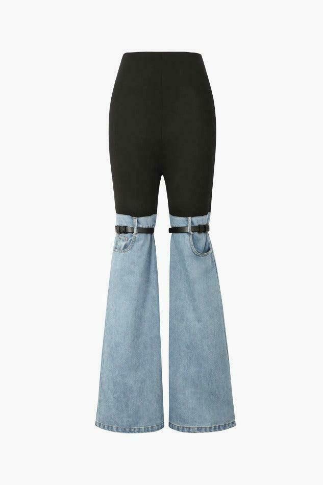 Y2K Aesthetic Denim Hybrid Flared Pants - Coquette Grunge with Pastel Goth Touch