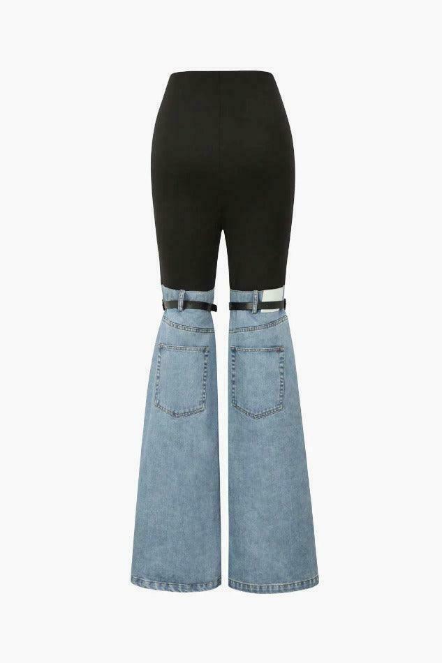 Y2K Aesthetic Denim Hybrid Flared Pants - Coquette Grunge with Pastel Goth Touch