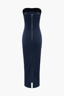 Y2K Aesthetic Denim Strapless Dress with Slit Back