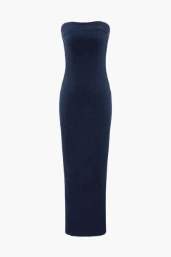 Y2K Aesthetic Denim Strapless Dress with Slit Back
