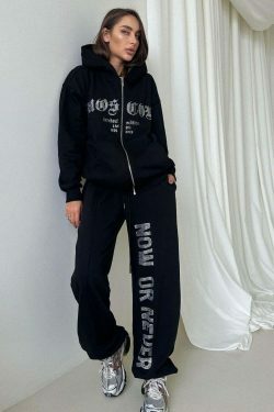 Y2K Aesthetic Diamond Zipper Hoodie Suit for Niche Women Fashion