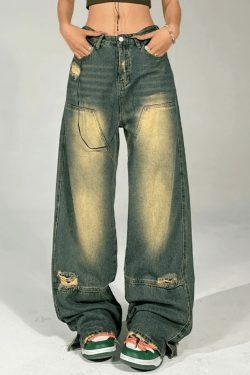 Y2K Aesthetic Distressed Denim Contrast Jeans - Coquette Grunge Style & Pastel Goth Vibes