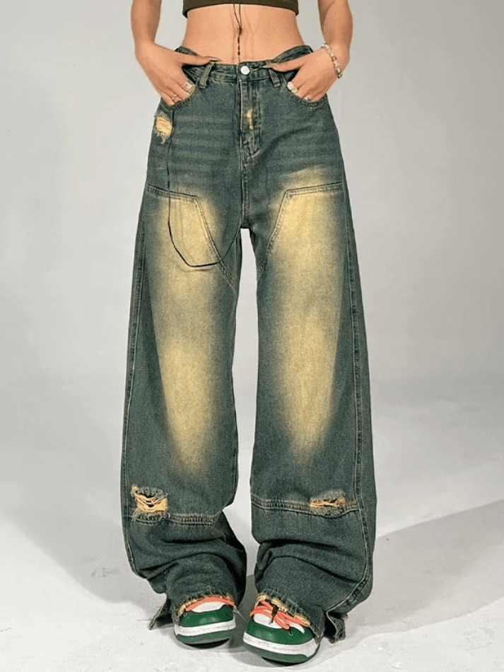 Y2K Aesthetic Distressed Denim Contrast Jeans - Coquette Grunge Style & Pastel Goth Vibes