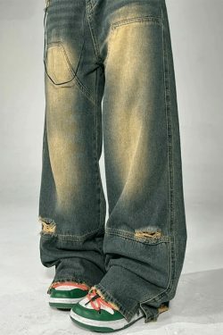 Y2K Aesthetic Distressed Denim Contrast Jeans - Coquette Grunge Style & Pastel Goth Vibes