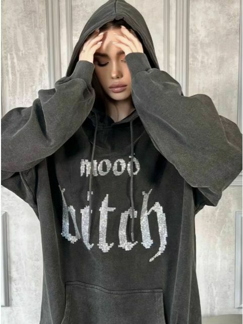 Y2K Aesthetic Distressed Diamond Letters Hoodie - Coquette Grunge Fashion Y2K Aesthetic Distressed Diamond Letters Hoodie - Coquette Grunge Fashion