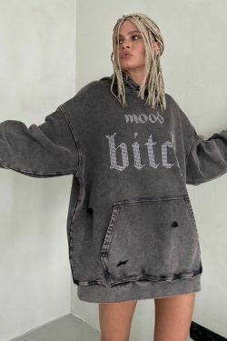 Y2K Aesthetic Distressed Diamond Letters Hoodie - Coquette Grunge Fashion