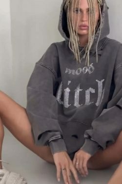 Y2K Aesthetic Distressed Diamond Letters Hoodie - Coquette Grunge Fashion