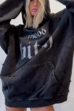 Y2K Aesthetic Distressed Diamond Letters Hoodie - Coquette Grunge Fashion