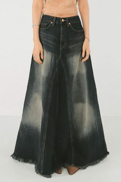Y2K Aesthetic Distressed Patchwork Denim Maxi Skirt