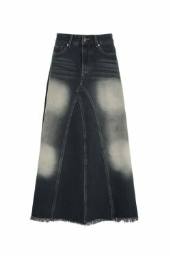 Y2K Aesthetic Distressed Patchwork Denim Maxi Skirt