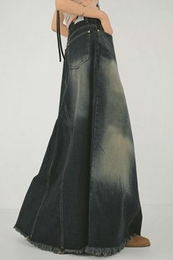 Y2K Aesthetic Distressed Patchwork Denim Maxi Skirt