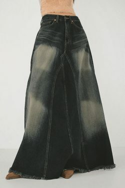 Y2K Aesthetic Distressed Patchwork Denim Maxi Skirt