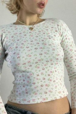 Y2K Aesthetic Ditsy Floral Print Crew Neck Long Sleeve Knit Top for Women