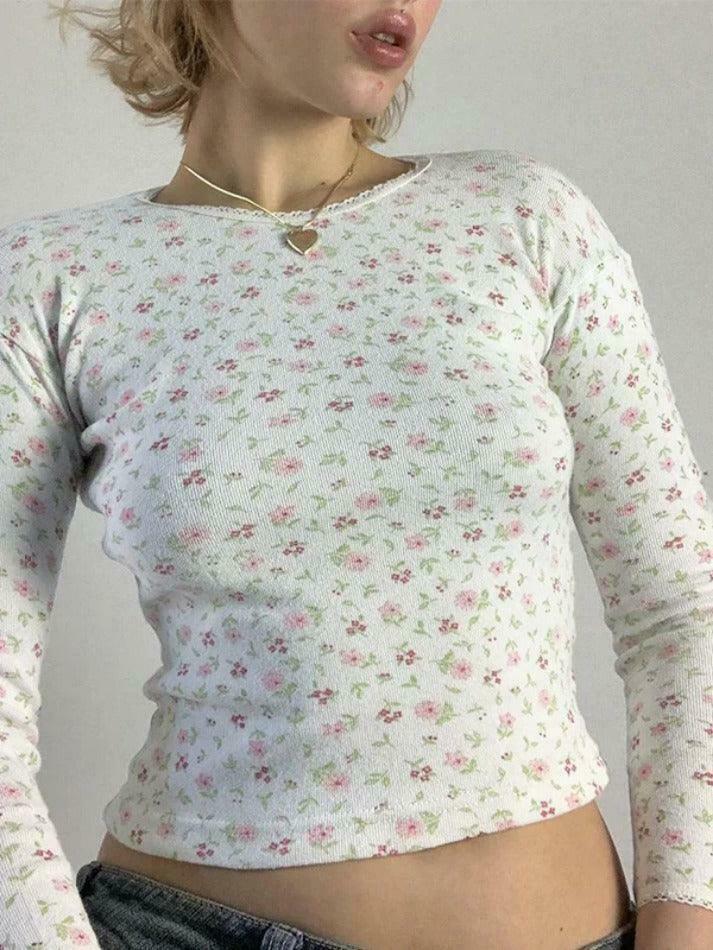 Y2K Aesthetic Ditsy Floral Print Crew Neck Long Sleeve Knit Top for Women Y2K Aesthetic Ditsy Floral Print Crew Neck Long Sleeve Knit Top for Women
