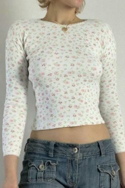 Y2K Aesthetic Ditsy Floral Print Crew Neck Long Sleeve Knit Top for Women