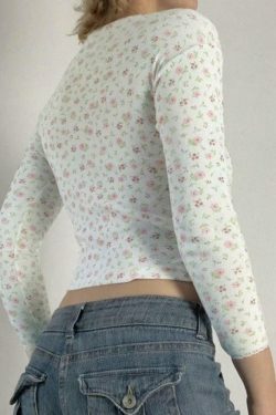 Y2K Aesthetic Ditsy Floral Print Crew Neck Long Sleeve Knit Top for Women