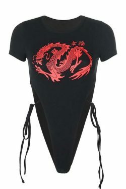 Y2K Aesthetic Dragon Bodysuit: Coquette Style Grunge Fashion - Cute Tops, Cargo Skirt, Pastel Goth