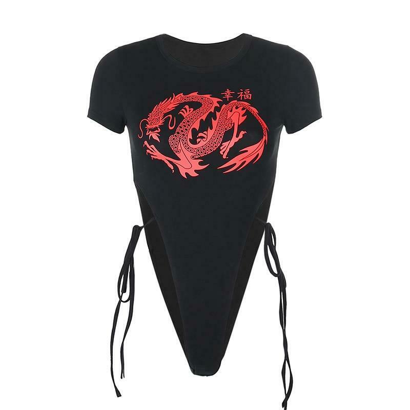 Y2K Aesthetic Dragon Bodysuit: Coquette Style Grunge Fashion - Cute Tops, Cargo Skirt, Pastel Goth