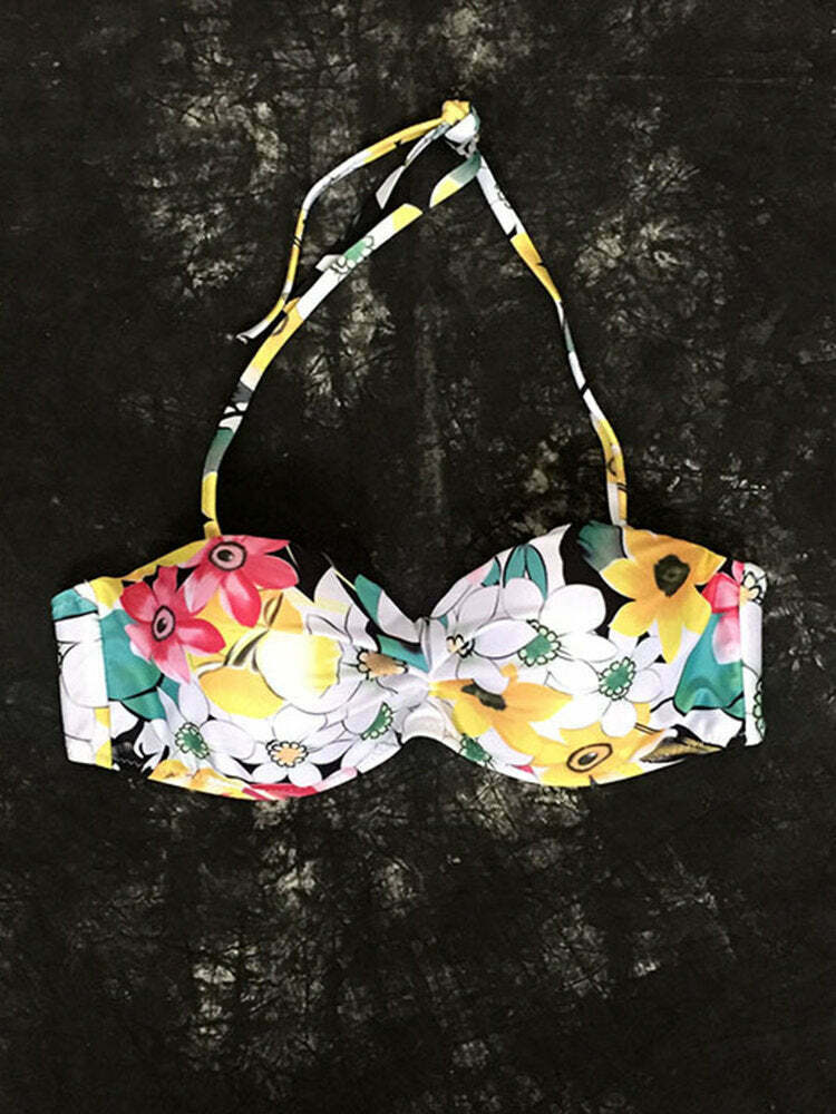 Y2K Aesthetic Drawstring Halter Bikini with Fast Drying Print and Elastic Back