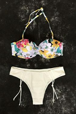 Y2K Aesthetic Drawstring Halter Bikini with Fast Drying Print and Elastic Back