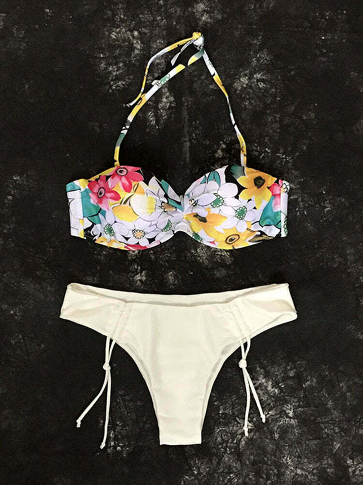 Y2K Aesthetic Drawstring Halter Bikini with Fast Drying Print and Elastic Back