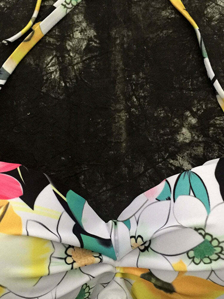 Y2K Aesthetic Drawstring Halter Bikini with Fast Drying Print and Elastic Back