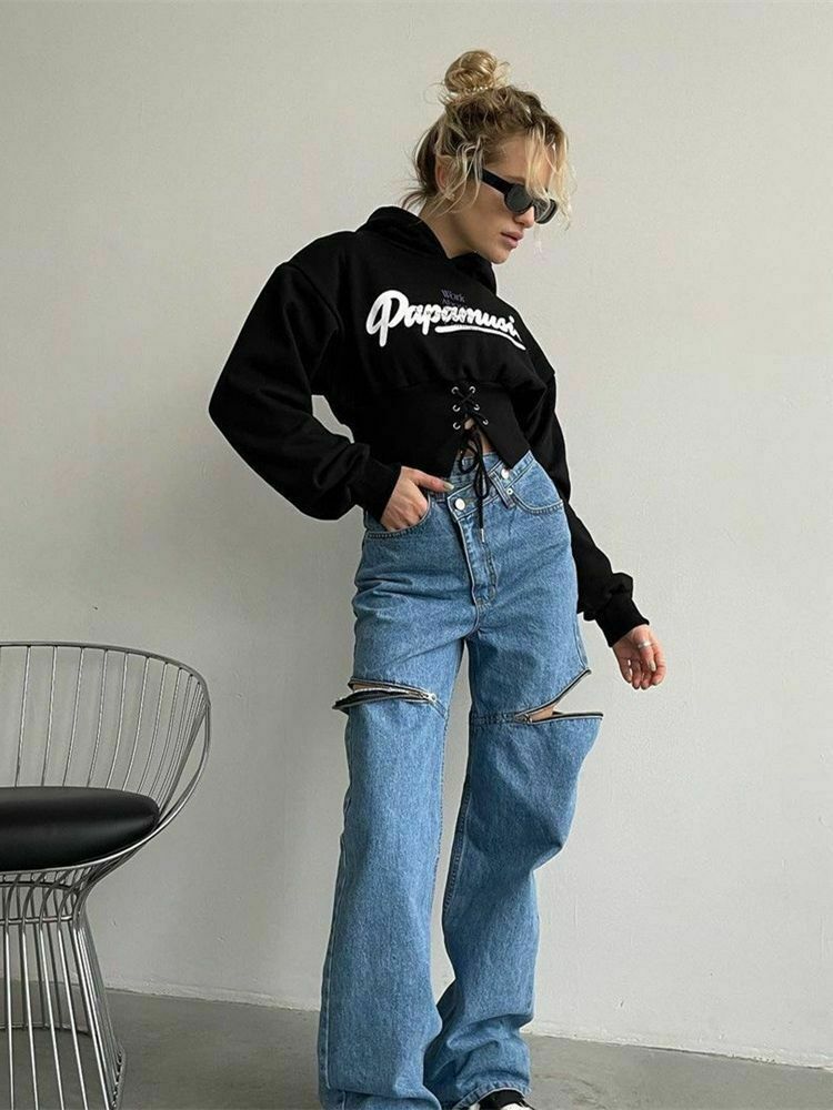 Y2K Aesthetic Elastic Strap Short Hoodie - Coquette Grunge Style Fashion for Women