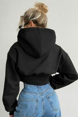 Y2K Aesthetic Elastic Strap Short Hoodie - Coquette Grunge Style Fashion for Women