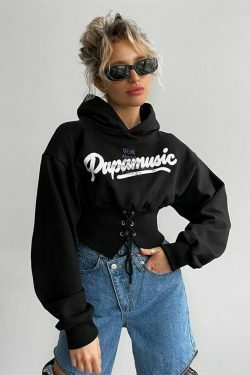 Y2K Aesthetic Elastic Strap Short Hoodie - Coquette Grunge Style Fashion for Women