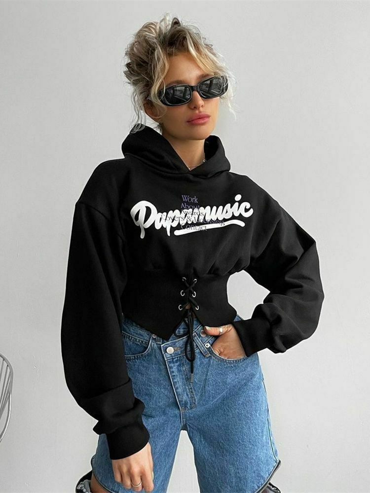 Y2K Aesthetic Elastic Strap Short Hoodie - Coquette Grunge Style Fashion for Women