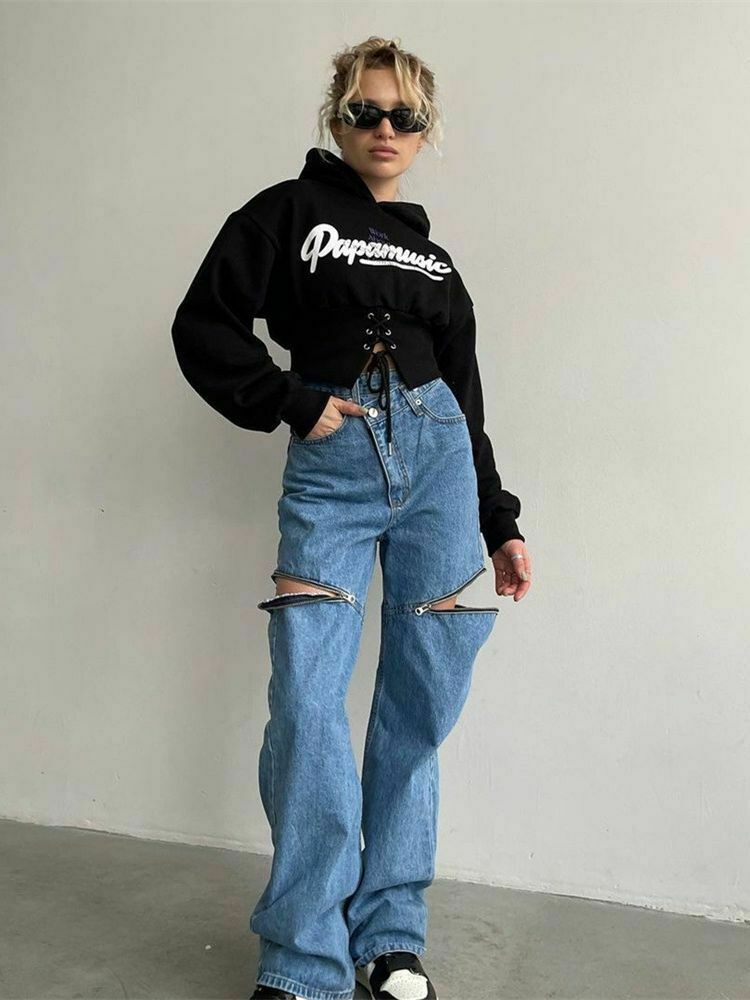 Y2K Aesthetic Elastic Strap Short Hoodie - Coquette Grunge Style Fashion for Women