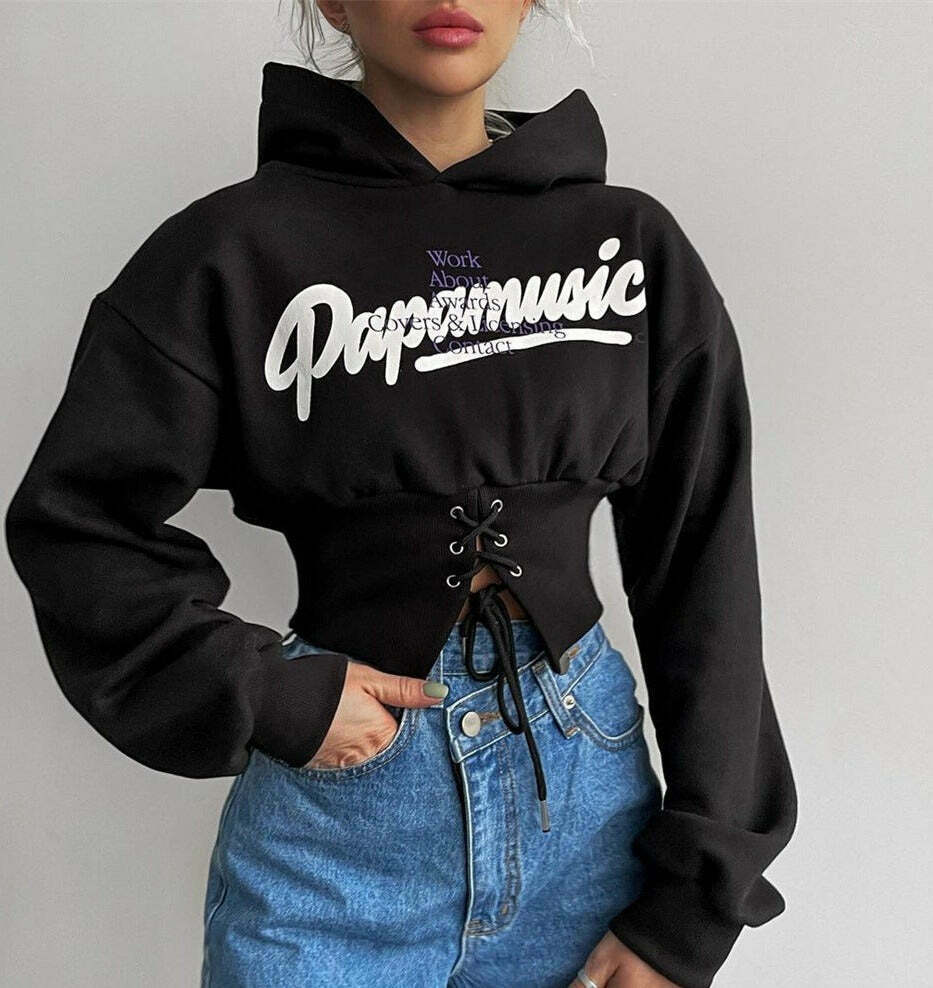 Y2K Aesthetic Elastic Strap Short Hoodie - Coquette Grunge Style Fashion for Women