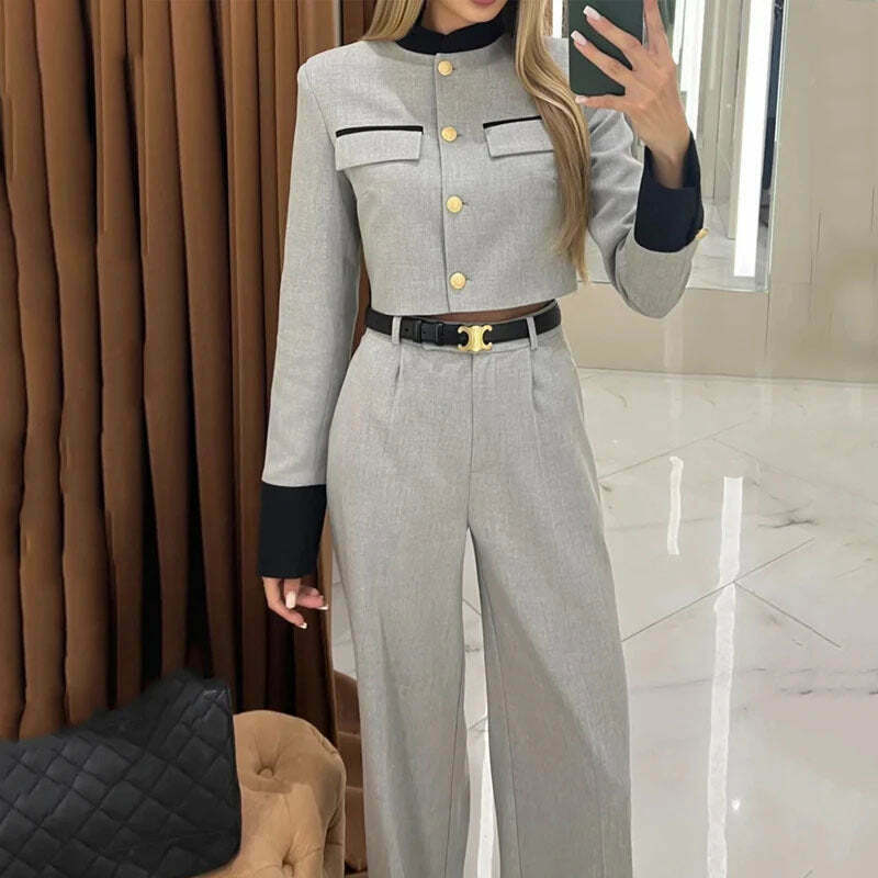 Y2K Aesthetic Elegant Short Jacket Wide-Leg Pants Suit for Niche Women Fashion Y2K Aesthetic Elegant Short Jacket Wide-Leg Pants Suit for Niche Women Fashion