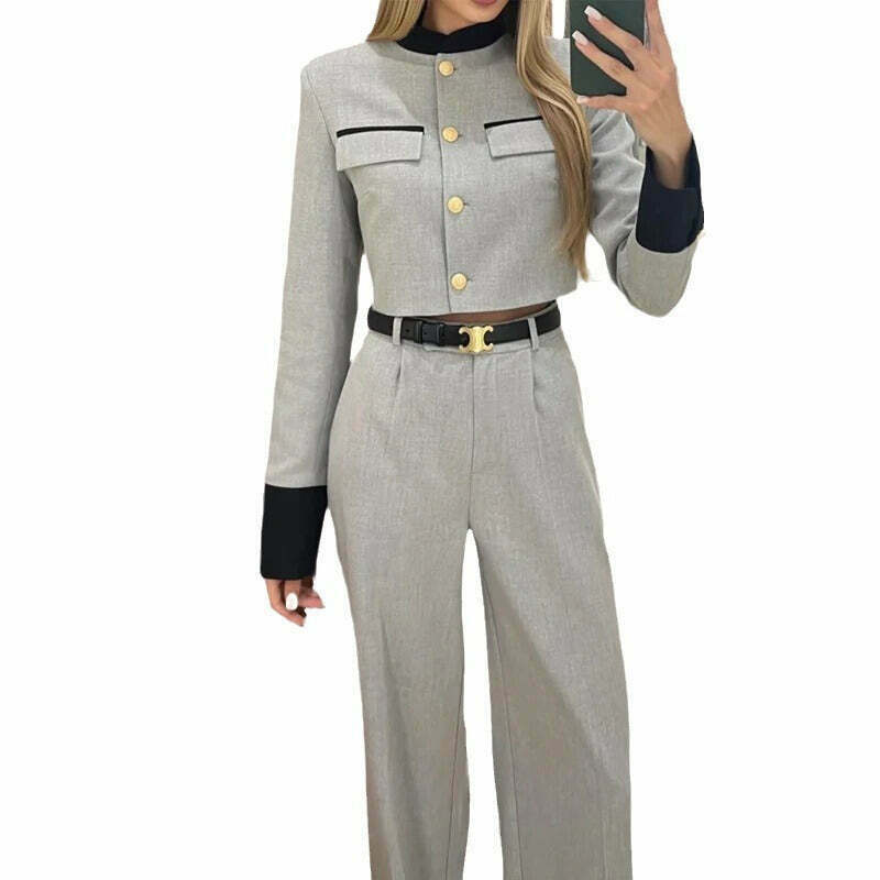 Y2K Aesthetic Elegant Short Jacket Wide-Leg Pants Suit for Niche Women Fashion Y2K Aesthetic Elegant Short Jacket Wide-Leg Pants Suit for Niche Women Fashion