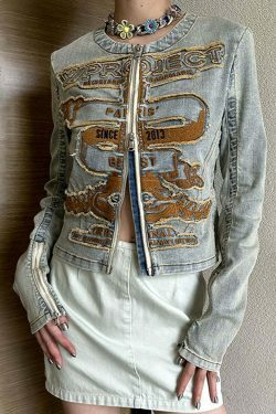 Y2K Aesthetic Embroidered Denim Jacket - Coquette & Grunge Style Women's Fashion