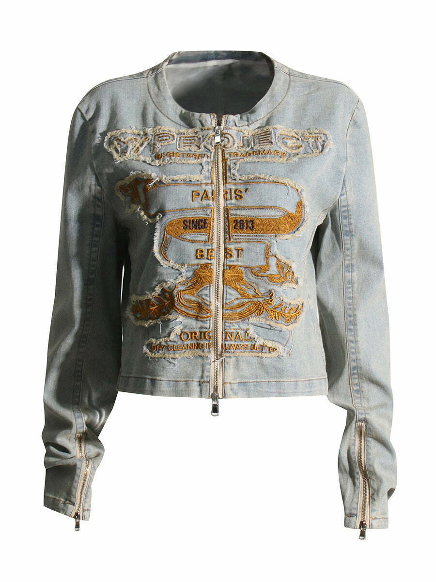 Y2K Aesthetic Embroidered Denim Jacket - Coquette & Grunge Style Women's Fashion