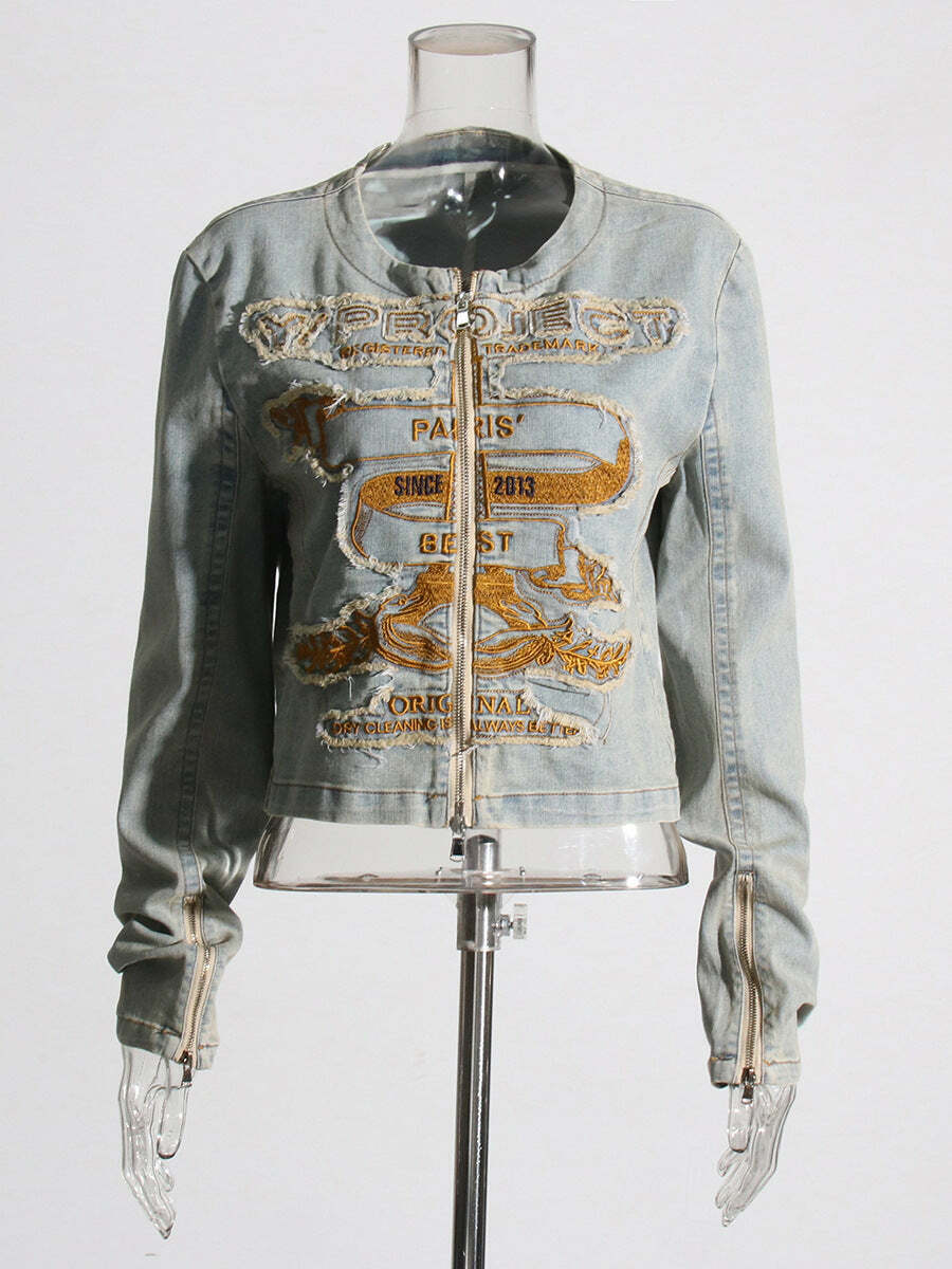 Y2K Aesthetic Embroidered Denim Jacket - Coquette & Grunge Style Women's Fashion