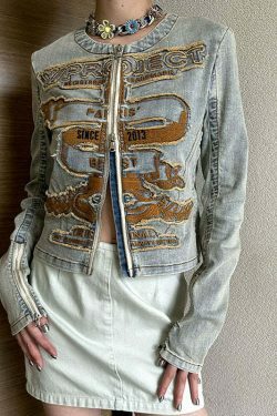 Y2K Aesthetic Embroidered Denim Jacket - Coquette & Grunge Style Women's Fashion