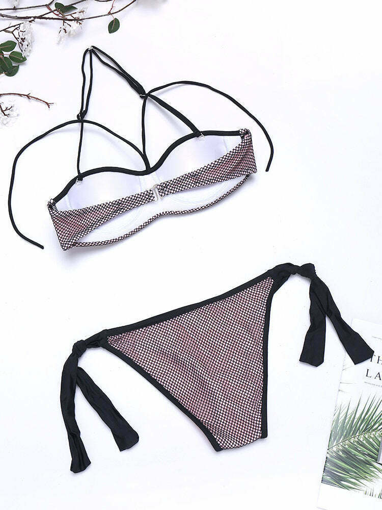 Y2K Aesthetic Embroidered Mesh Bikini Swimsuit - Sexy Fluorescent Backless Style Y2K Aesthetic Embroidered Mesh Bikini Swimsuit - Sexy Fluorescent Backless Style