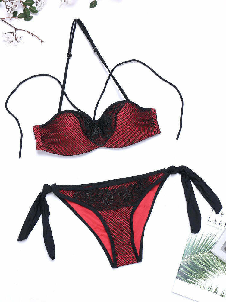 Y2K Aesthetic Embroidered Mesh Bikini Swimsuit - Sexy Fluorescent Backless Style Y2K Aesthetic Embroidered Mesh Bikini Swimsuit - Sexy Fluorescent Backless Style