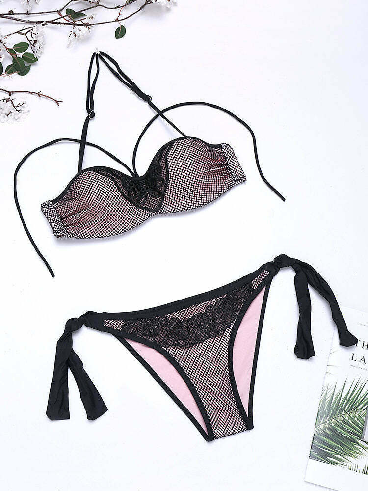 Y2K Aesthetic Embroidered Mesh Bikini Swimsuit - Sexy Fluorescent Backless Style Y2K Aesthetic Embroidered Mesh Bikini Swimsuit - Sexy Fluorescent Backless Style