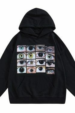 Y2K Aesthetic Eye Graphic Hoodie for Women - Coquette Style Grunge Fashion with Pastel Goth Vibes