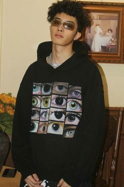 Y2K Aesthetic Eye Graphic Hoodie for Women - Coquette Style Grunge Fashion with Pastel Goth Vibes