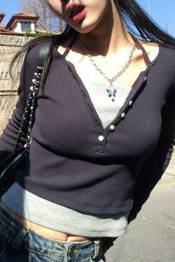 Y2K Aesthetic Fake Two Piece Halter Long Sleeve Tee for Women - Coquette & Grunge Style Fashion