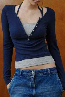 Y2K Aesthetic Fake Two Piece Halter Long Sleeve Tee for Women - Coquette & Grunge Style Fashion