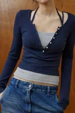 Y2K Aesthetic Fake Two Piece Halter Long Sleeve Tee for Women - Coquette & Grunge Style Fashion