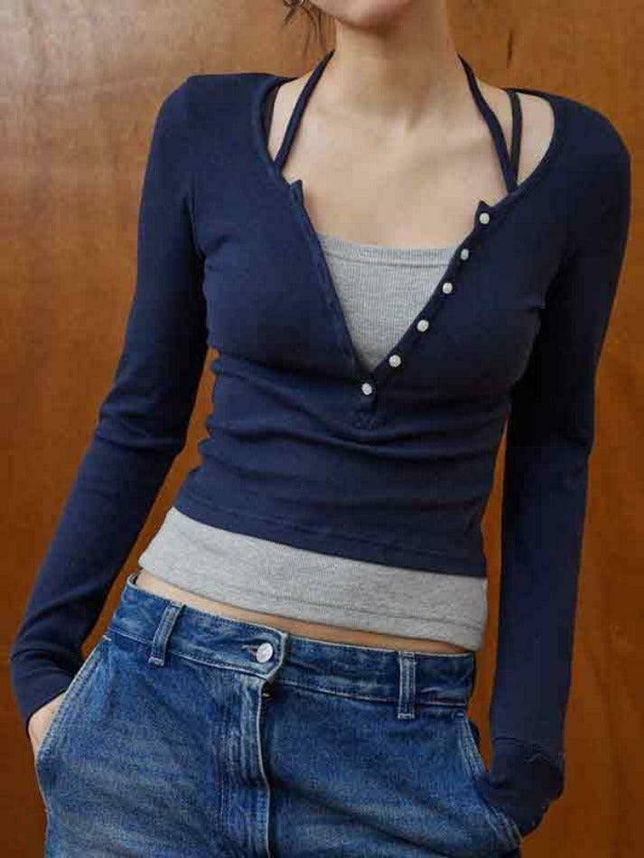 Y2K Aesthetic Fake Two Piece Halter Long Sleeve Tee for Women - Coquette & Grunge Style Fashion Y2K Aesthetic Fake Two Piece Halter Long Sleeve Tee for Women - Coquette & Grunge Style Fashion