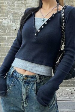 Y2K Aesthetic Fake Two Piece Halter Long Sleeve Tee for Women - Coquette & Grunge Style Fashion