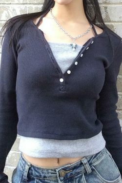 Y2K Aesthetic Fake Two Piece Halter Long Sleeve Tee for Women - Coquette & Grunge Style Fashion