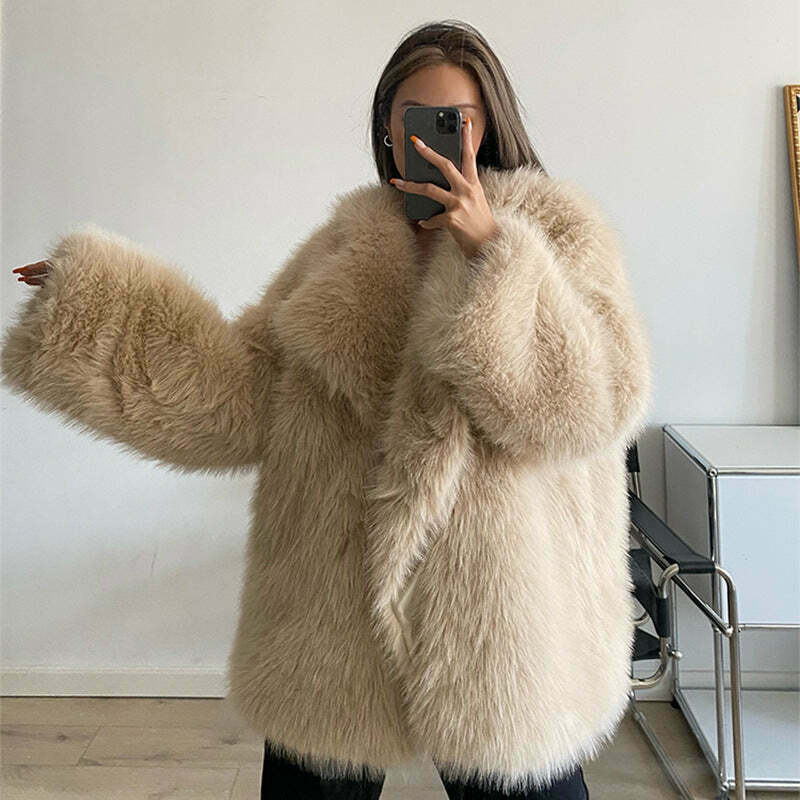 Y2K Aesthetic Faux Fur Mid-Length Coat for Women - Coquette Style Grunge Fashion Y2K Aesthetic Faux Fur Mid-Length Coat for Women - Coquette Style Grunge Fashion